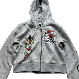 Vintage Y2K Ed Hardy Size L Gray Love Skull Tattoo Graphic Zip Cropped Hoodie
